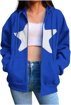 Akklian Y2k Zip Up Hoodies for Women Aesthetic Trendy Oversized Sweatshirt Harajuku 2024 Star Graphic Print Jacket Streetwear