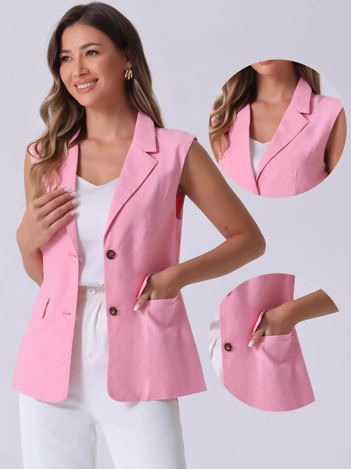 Allegra K Casual Sleeveless Blazer Vest for Women's Spring Summer Cotton Linen Work Office Suit Vest Jacket