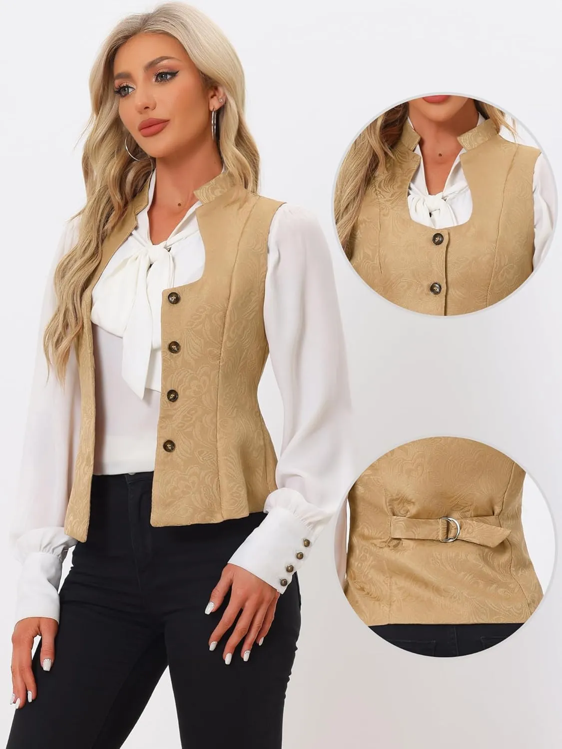 Allegra K Vintage Suit Waistcoat for Women's Gothic Blazer Sleeveless Steampunk Jacquard Dressy Vest