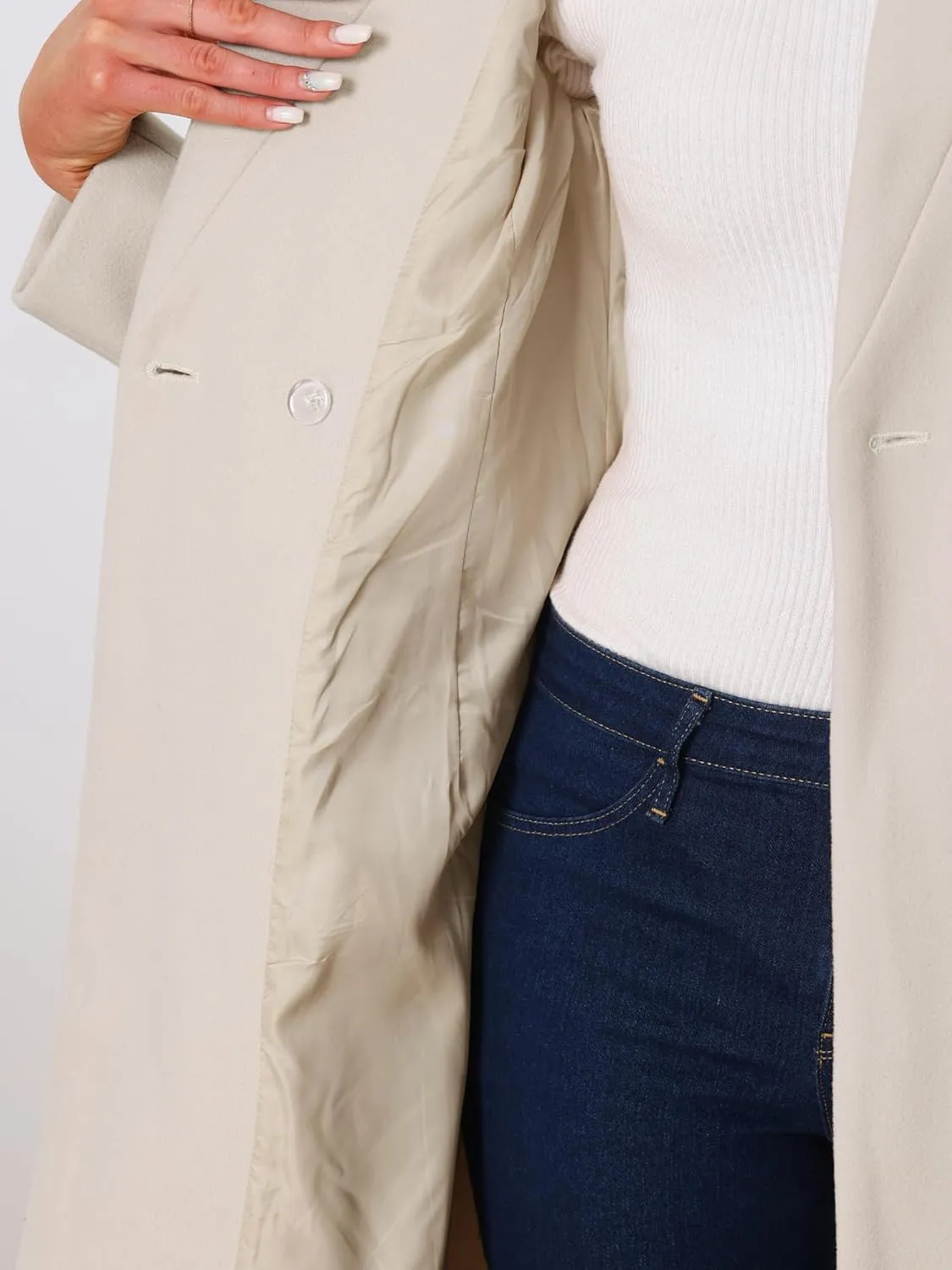 Allegra K Winter Belted Coat for Women's Stand Collar Buttoned Outwear Mid-Long Work Overcoat
