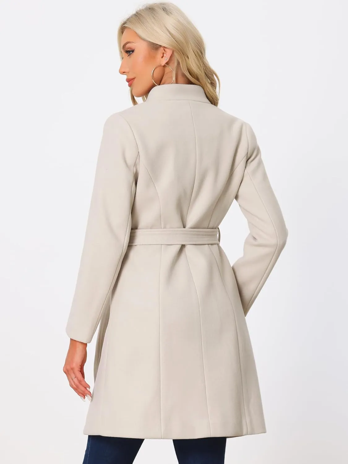 Allegra K Winter Belted Coat for Women's Stand Collar Buttoned Outwear Mid-Long Work Overcoat