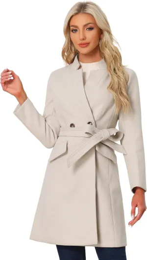 Allegra K Winter Belted Coat for Women's Stand Collar Buttoned Outwear Mid-Long Work Overcoat