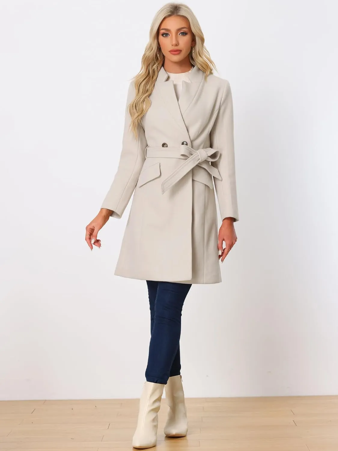 Allegra K Winter Belted Coat for Women's Stand Collar Buttoned Outwear Mid-Long Work Overcoat