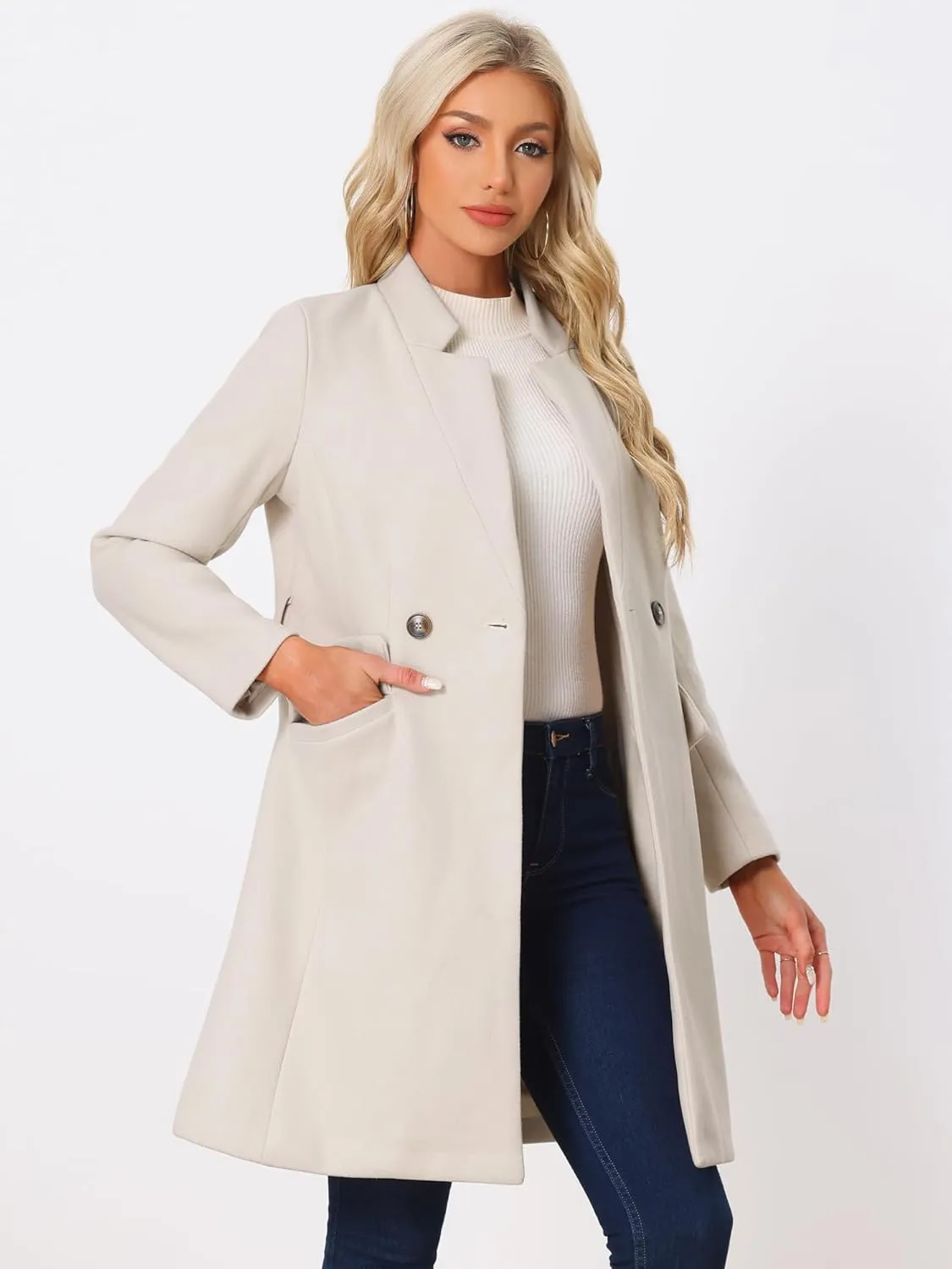Allegra K Winter Belted Coat for Women's Stand Collar Buttoned Outwear Mid-Long Work Overcoat