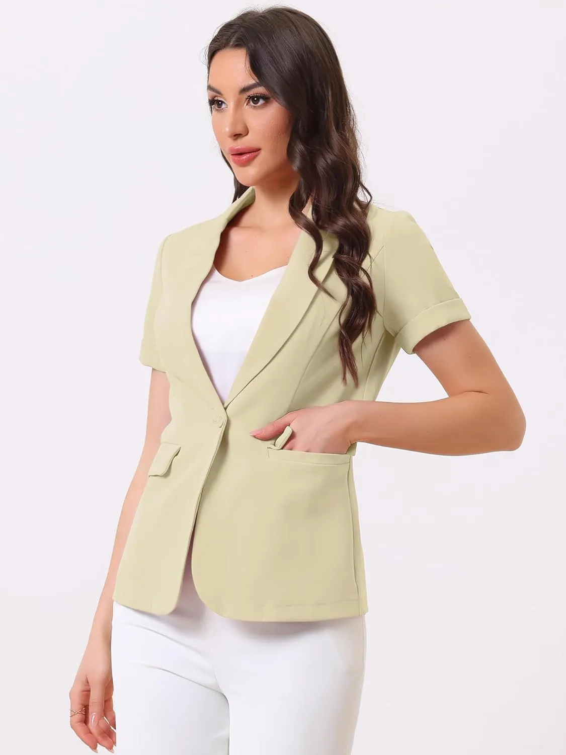 Allegra K Women's 1 Button Blazer Jacket Office Business Short Sleeve Blazer