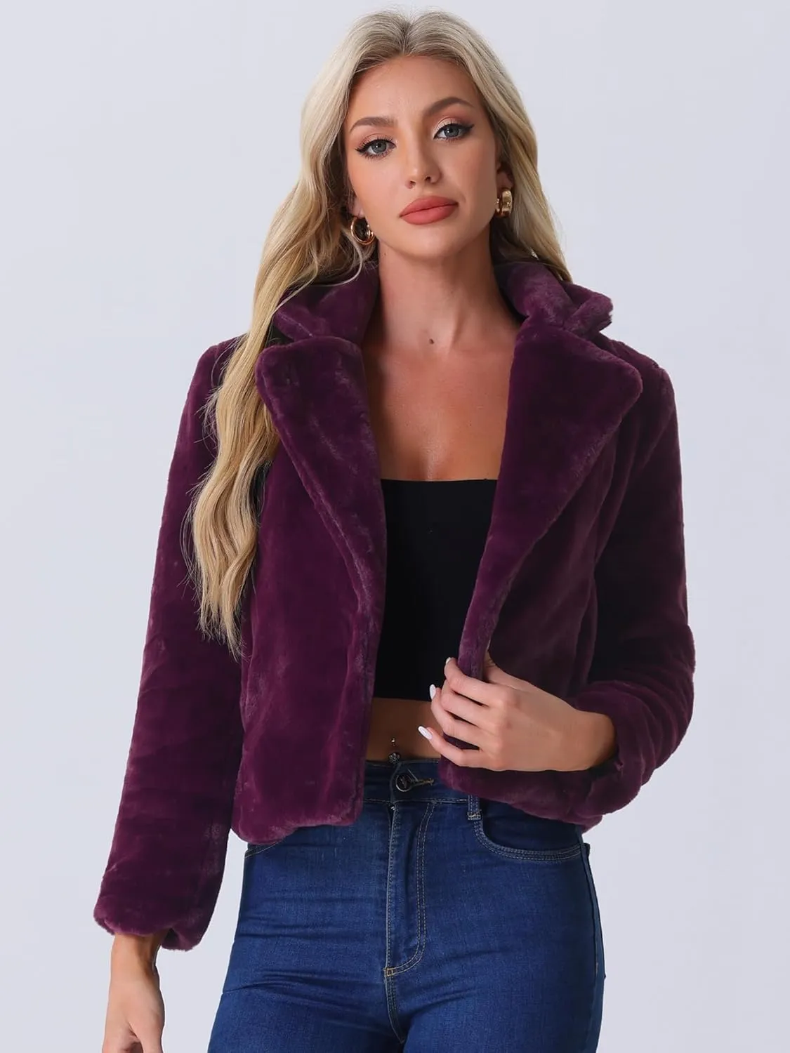 Allegra K Women's Cropped Faux Fur Jacket Lapel Cardigan Shrug 2024 Winter Fluffy Faux Fur Coat