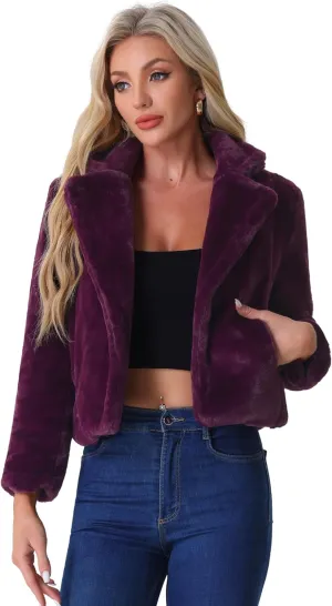 Allegra K Women's Cropped Faux Fur Jacket Lapel Cardigan Shrug 2024 Winter Fluffy Faux Fur Coat