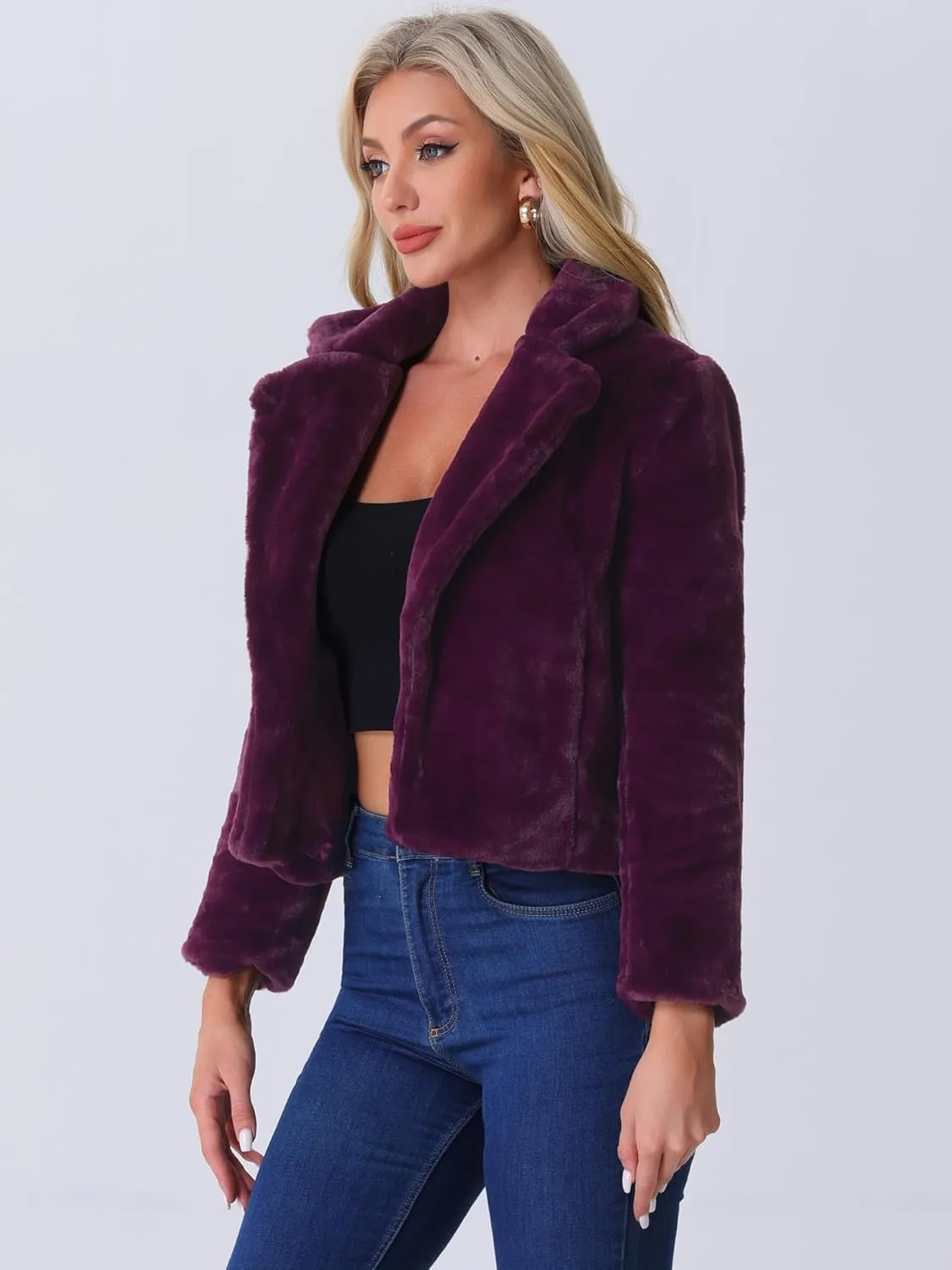 Allegra K Women's Cropped Faux Fur Jacket Lapel Cardigan Shrug 2024 Winter Fluffy Faux Fur Coat