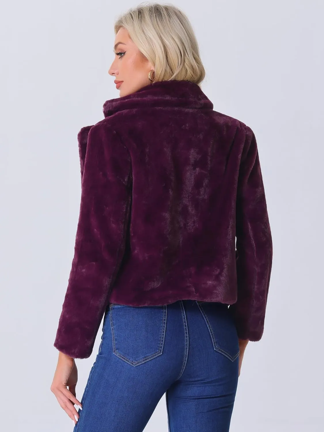 Allegra K Women's Cropped Faux Fur Jacket Lapel Cardigan Shrug 2024 Winter Fluffy Faux Fur Coat