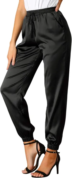 Allegra K Women's Drawstring Elastic Waist Athleisure Pants Casual Ankle Length Satin Joggers with Pocket