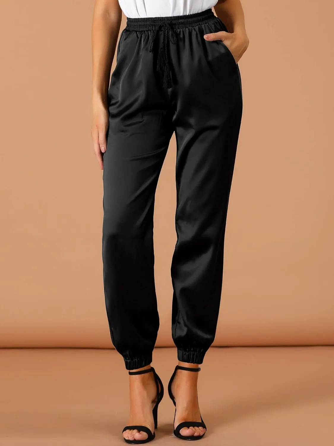 Allegra K Women's Drawstring Elastic Waist Athleisure Pants Casual Ankle Length Satin Joggers with Pocket