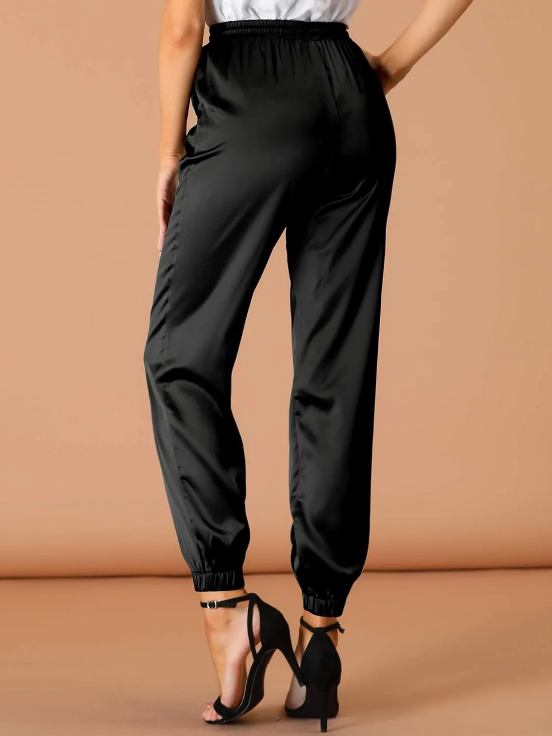 Allegra K Women's Drawstring Elastic Waist Athleisure Pants Casual Ankle Length Satin Joggers with Pocket