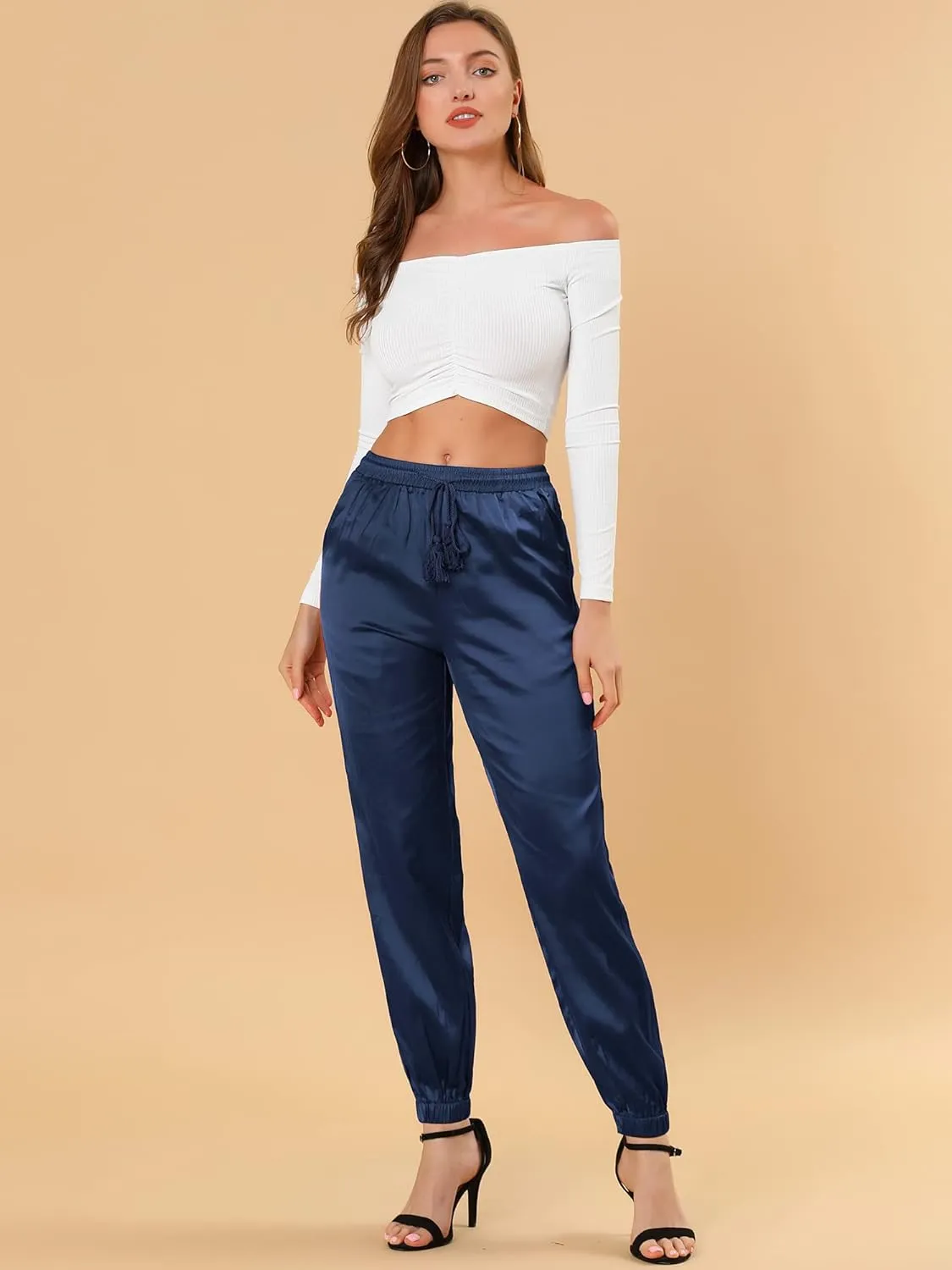 Allegra K Women's Drawstring Elastic Waist Athleisure Pants Casual Ankle Length Satin Joggers with Pocket