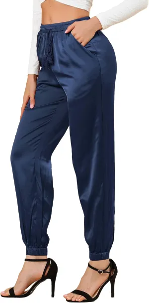 Allegra K Women's Drawstring Elastic Waist Athleisure Pants Casual Ankle Length Satin Joggers with Pocket