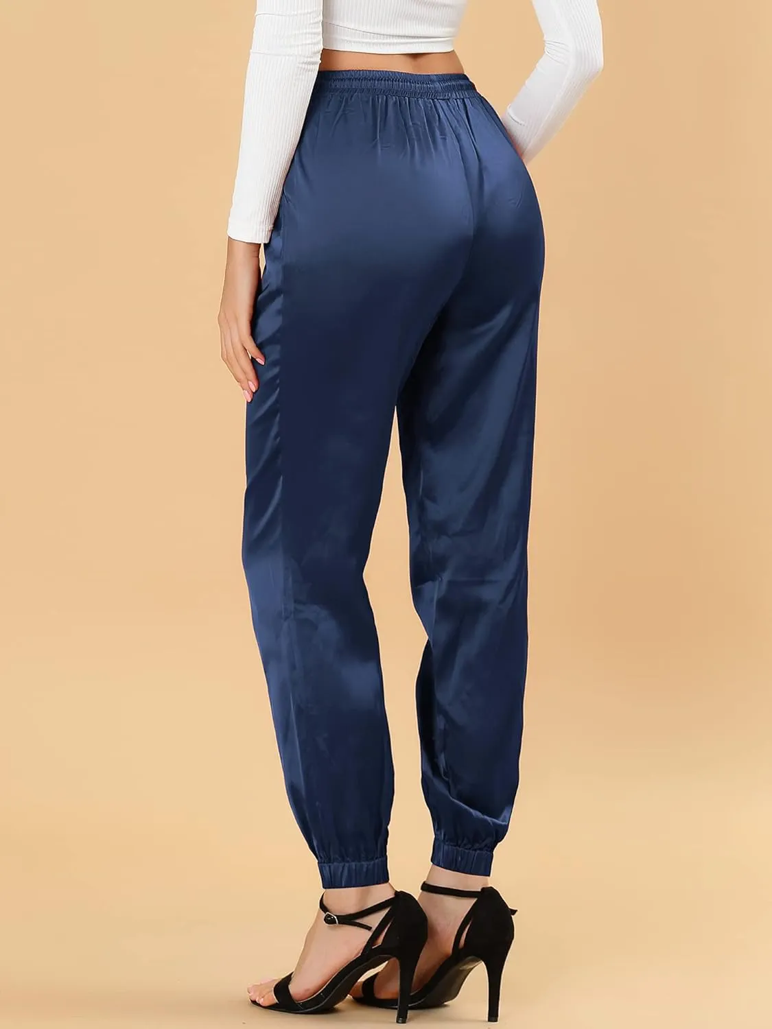 Allegra K Women's Drawstring Elastic Waist Athleisure Pants Casual Ankle Length Satin Joggers with Pocket