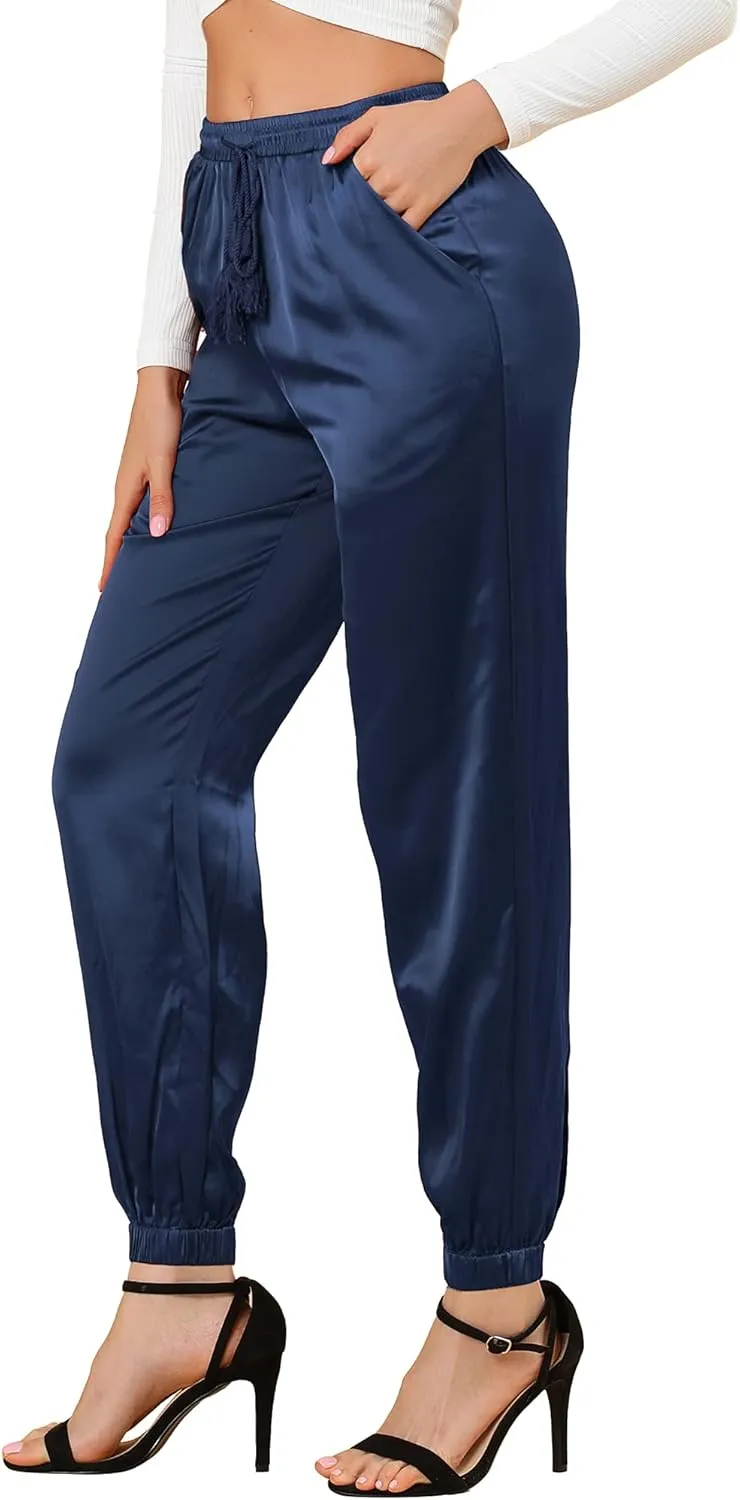 Allegra K Women's Drawstring Elastic Waist Athleisure Pants Casual Ankle Length Satin Joggers with Pocket