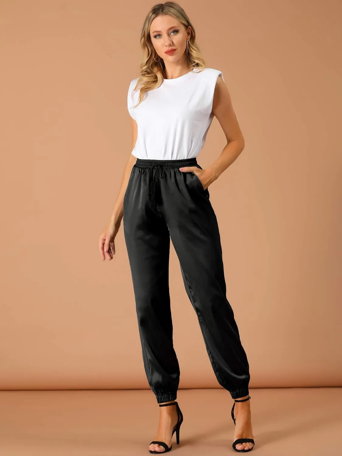 Allegra K Women's Drawstring Elastic Waist Athleisure Pants Casual Ankle Length Satin Joggers with Pocket