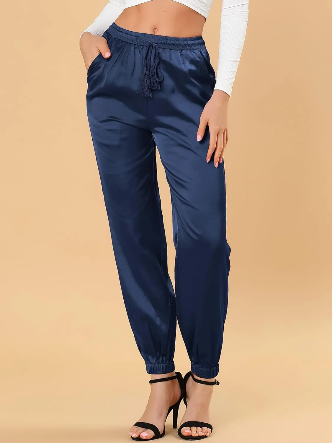 Allegra K Women's Drawstring Elastic Waist Athleisure Pants Casual Ankle Length Satin Joggers with Pocket