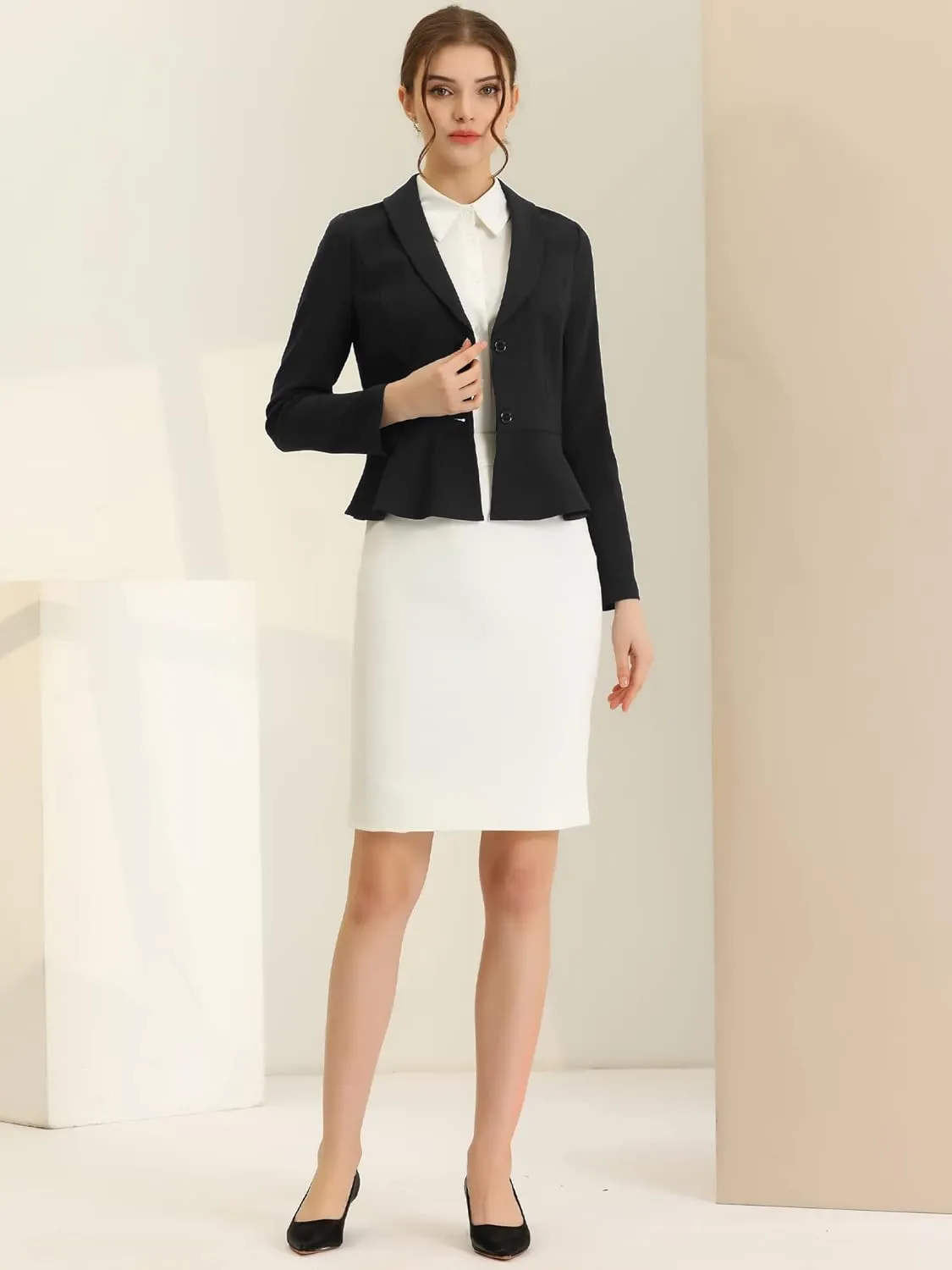 Allegra K Work Short Blazer for Women's Lapel Collar Long Sleeve Ruffle Casual Office Jacket