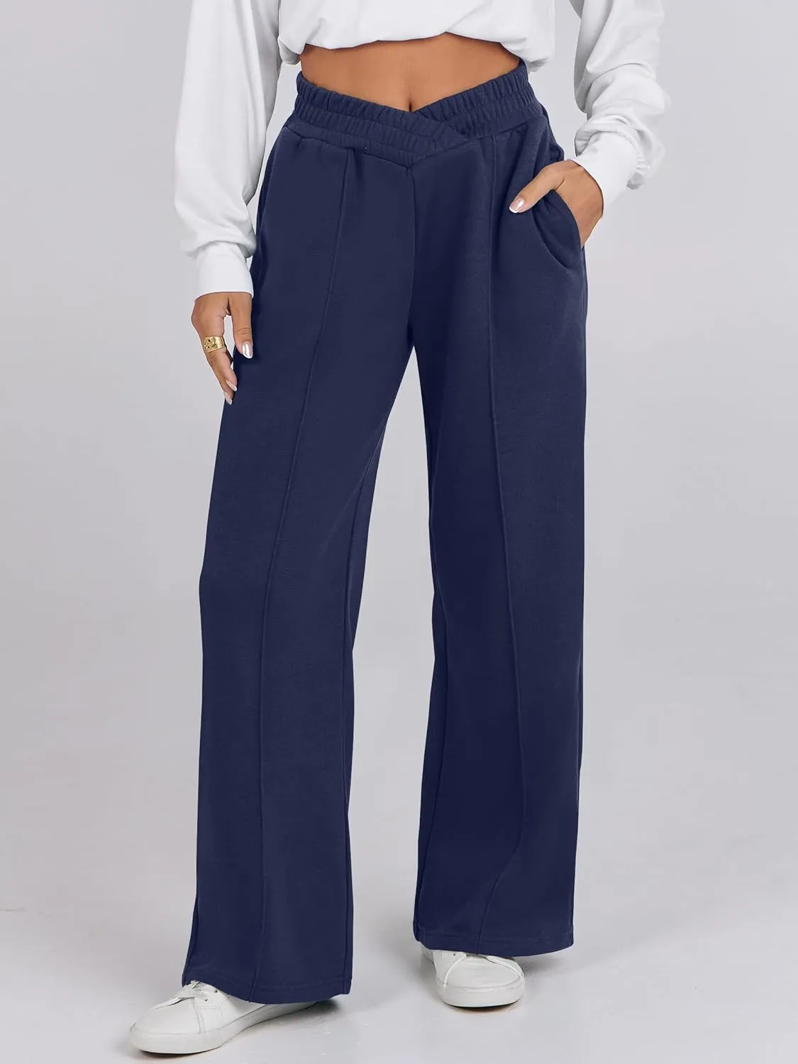 ANRABESS Women Asymmetric High Waist Wide Straight Leg Sweatpants with Pockets 2024 Fall Trendy Sweat Jogger Pants