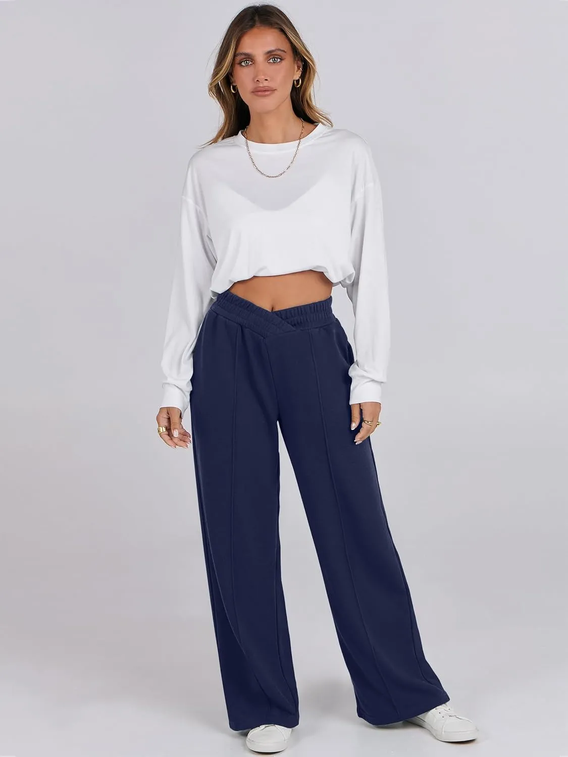 ANRABESS Women Asymmetric High Waist Wide Straight Leg Sweatpants with Pockets 2024 Fall Trendy Sweat Jogger Pants