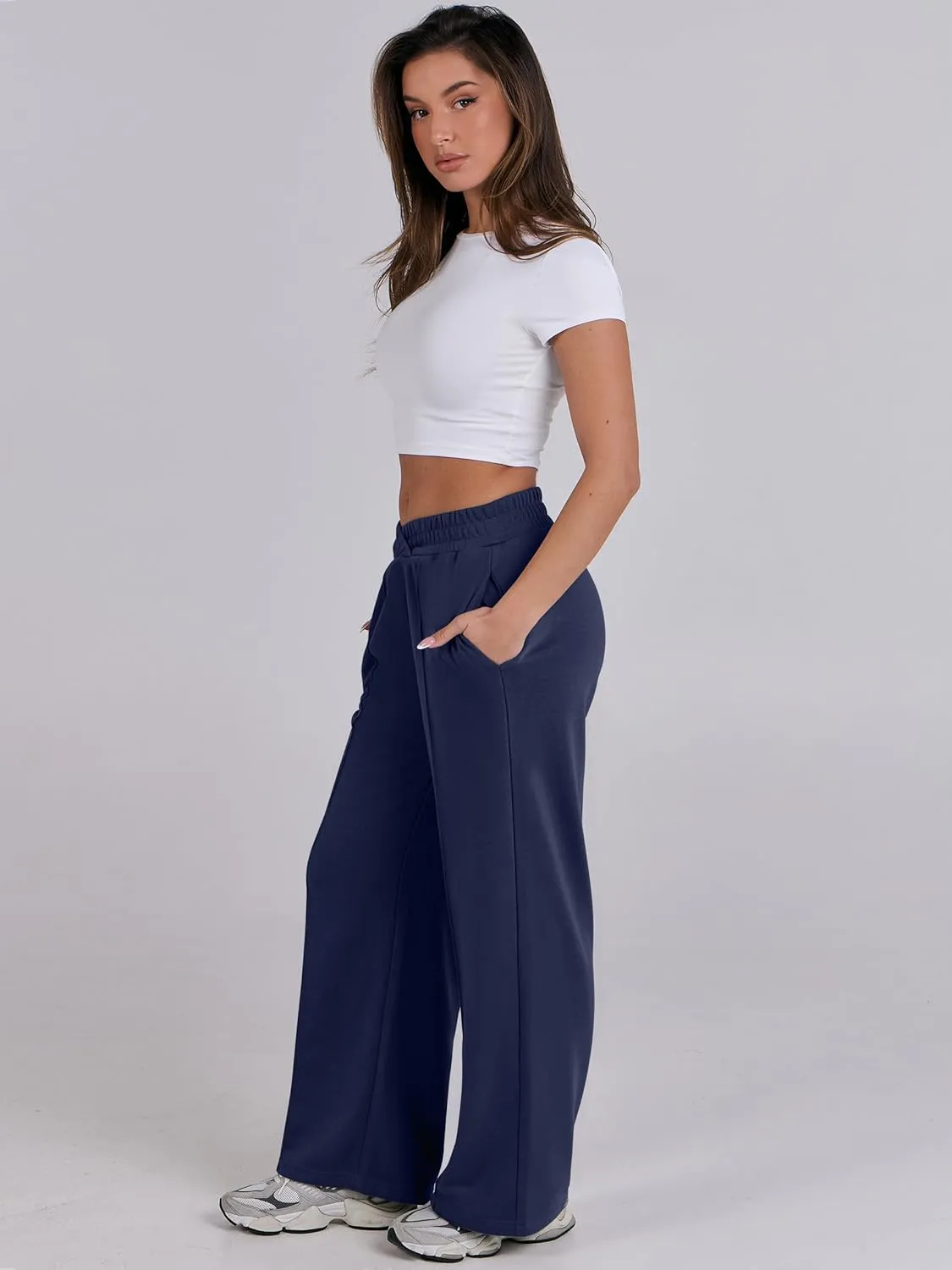 ANRABESS Women Asymmetric High Waist Wide Straight Leg Sweatpants with Pockets 2024 Fall Trendy Sweat Jogger Pants