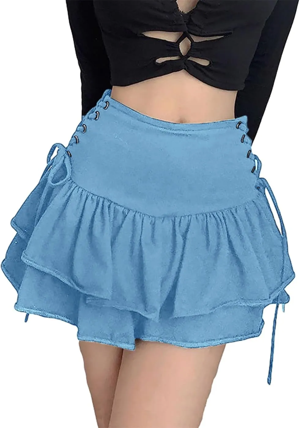 AULKEEP Womens Lace Up Skirts Goth Ruffle Mini Skirt Y2k Black High Waist Skirt Summer Punk Short Skirts