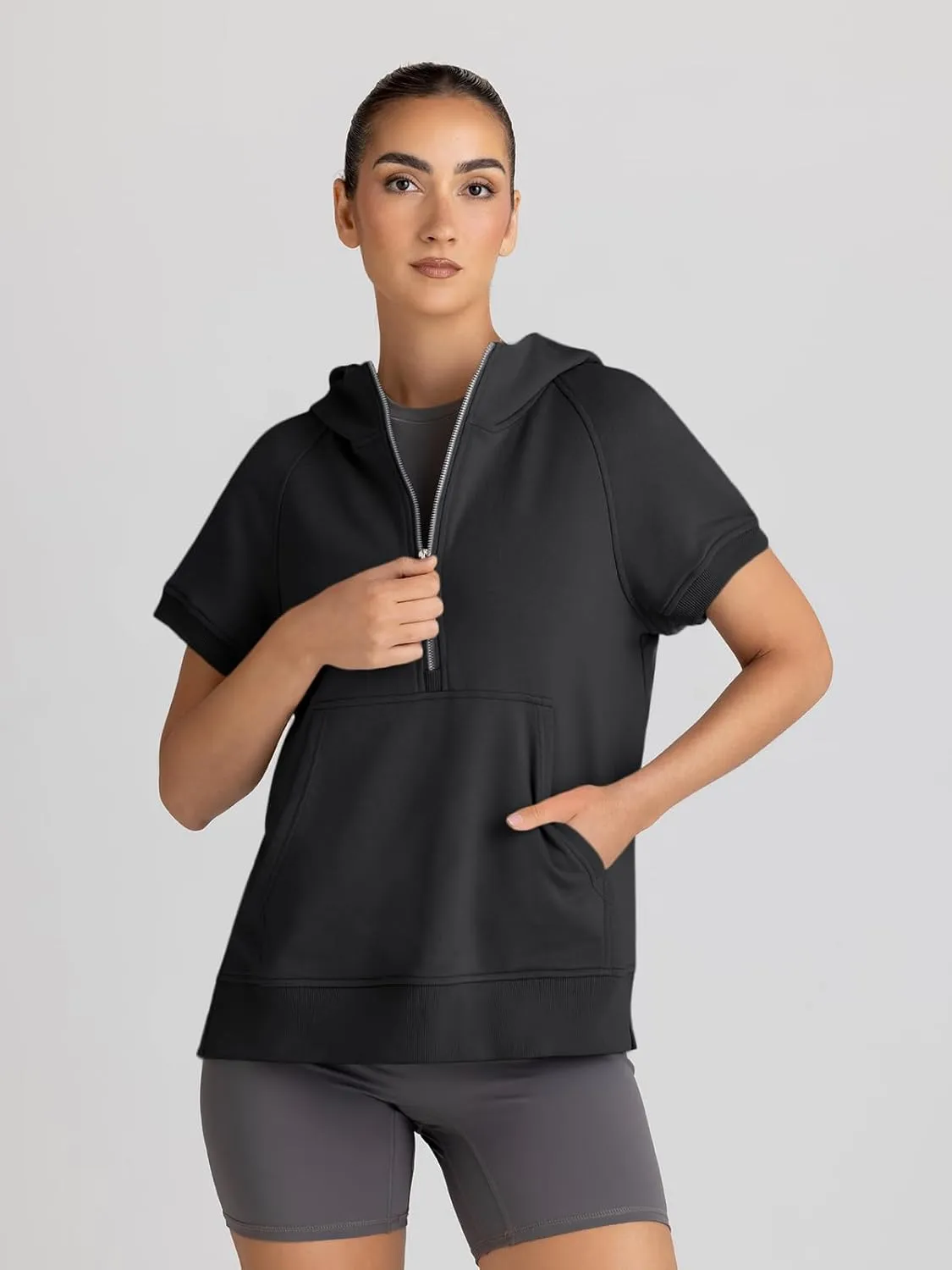AUTOMET Oversized Hoodies for Women Short Sleeve Half zip Sweatshirt Fleece Loose Fit Pullover 2025 Fall Fashion Outfits
