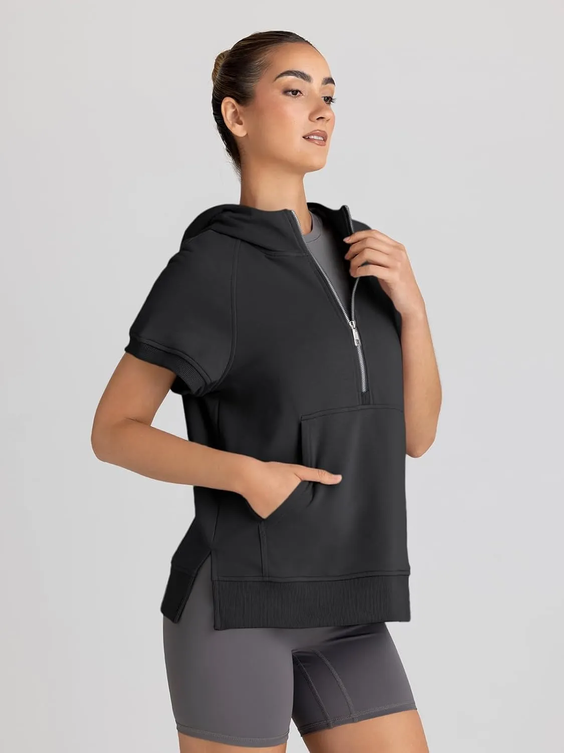 AUTOMET Oversized Hoodies for Women Short Sleeve Half zip Sweatshirt Fleece Loose Fit Pullover 2025 Fall Fashion Outfits