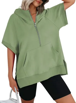 AUTOMET Oversized Hoodies for Women Short Sleeve Half zip Sweatshirt Fleece Loose Fit Pullover 2025 Fall Fashion Outfits
