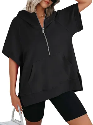 AUTOMET Oversized Hoodies for Women Short Sleeve Half zip Sweatshirt Fleece Loose Fit Pullover 2025 Fall Fashion Outfits