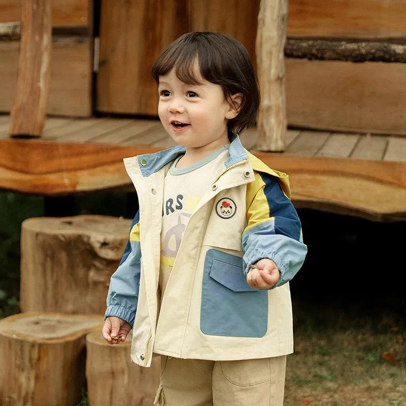 Baby trench coat stitching cap warm long sleeve rainproof coat top