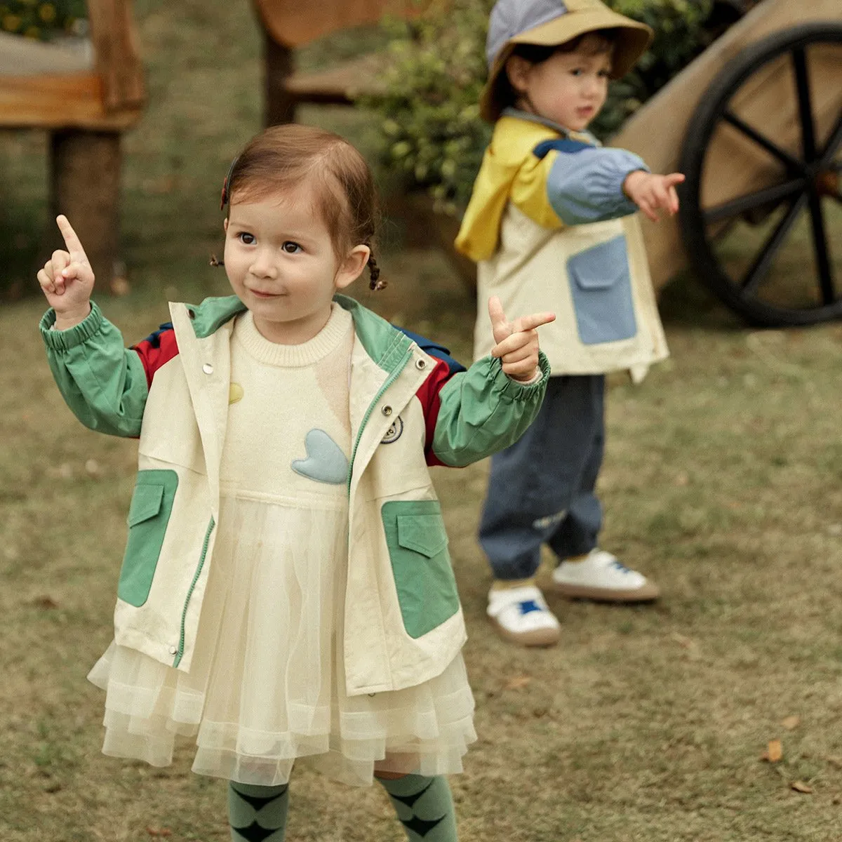 Baby trench coat stitching cap warm long sleeve rainproof coat top
