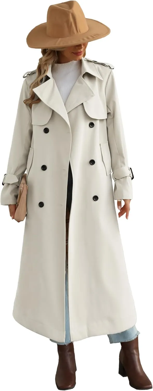 Betusline Women's Waterproof Long Trench Coat Double Breasted Lapel Duster Jacket Overcoat with Belt,S-2XL