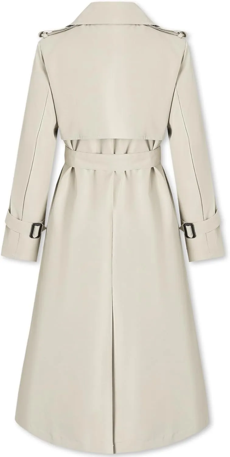 Betusline Women's Waterproof Long Trench Coat Double Breasted Lapel Duster Jacket Overcoat with Belt,S-2XL