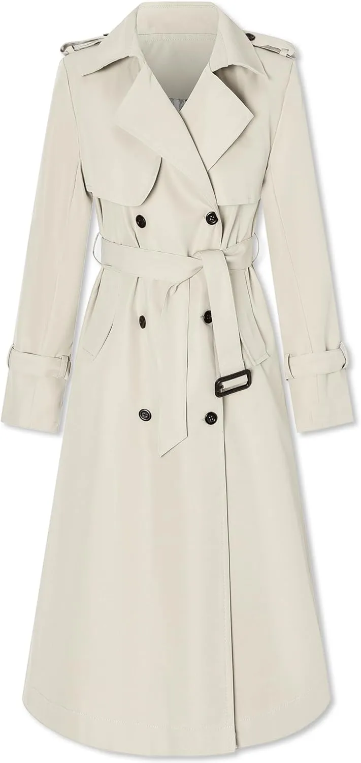 Betusline Women's Waterproof Long Trench Coat Double Breasted Lapel Duster Jacket Overcoat with Belt,S-2XL