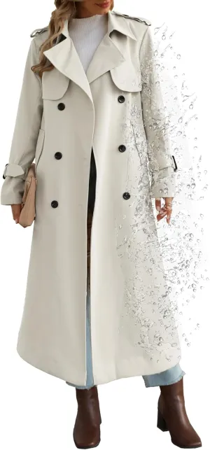 Betusline Women's Waterproof Long Trench Coat Double Breasted Lapel Duster Jacket Overcoat with Belt,S-2XL