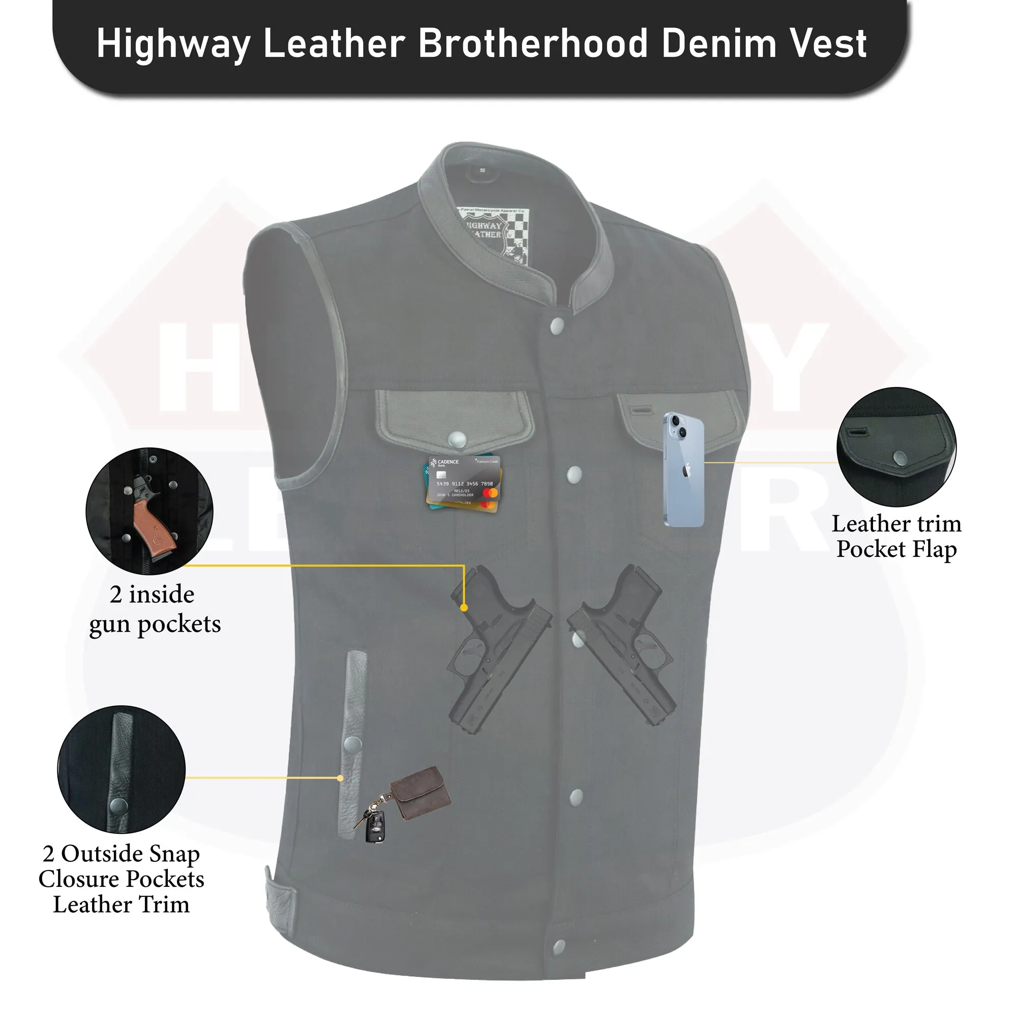 Biker Denim Club Style Anarchy Vest with Conceal Carry Gun pocket both sides