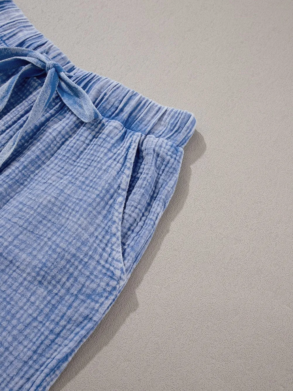 Blue Washed Elastic Waist Straight Leg Cotton Pants with Unique Texture