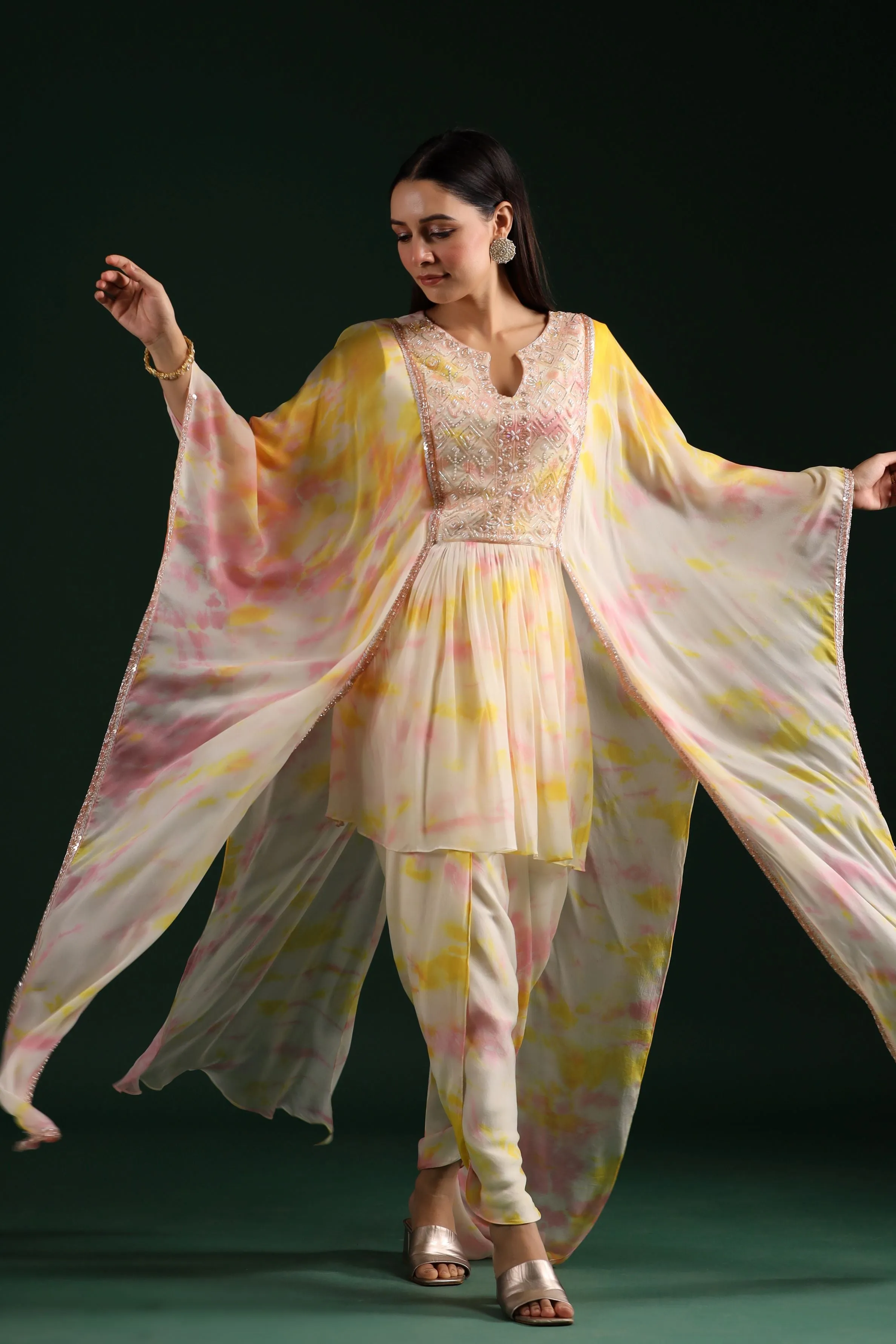 Bright Cream Tie Dye Printed Dhoti Pants Set