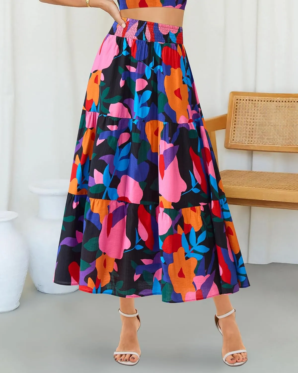 BTFBM Women's Floral Print Midi Maxi Skirts 2025 Summer Casual Aline Elastic High Waist Pleated Flowy Long Skirt Pockets