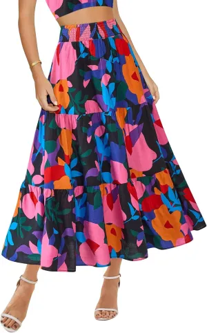 BTFBM Women's Floral Print Midi Maxi Skirts 2025 Summer Casual Aline Elastic High Waist Pleated Flowy Long Skirt Pockets