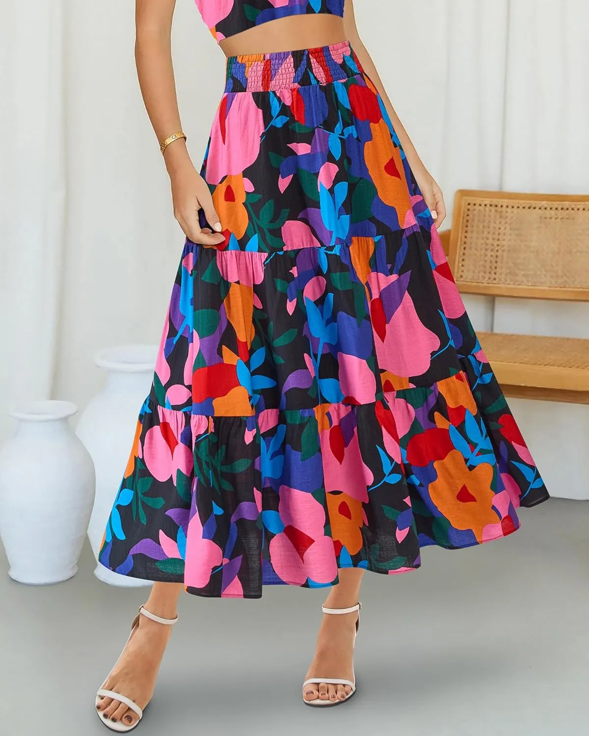 BTFBM Women's Floral Print Midi Maxi Skirts 2025 Summer Casual Aline Elastic High Waist Pleated Flowy Long Skirt Pockets