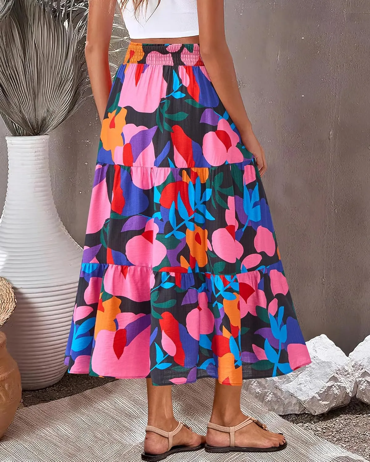BTFBM Women's Floral Print Midi Maxi Skirts 2025 Summer Casual Aline Elastic High Waist Pleated Flowy Long Skirt Pockets