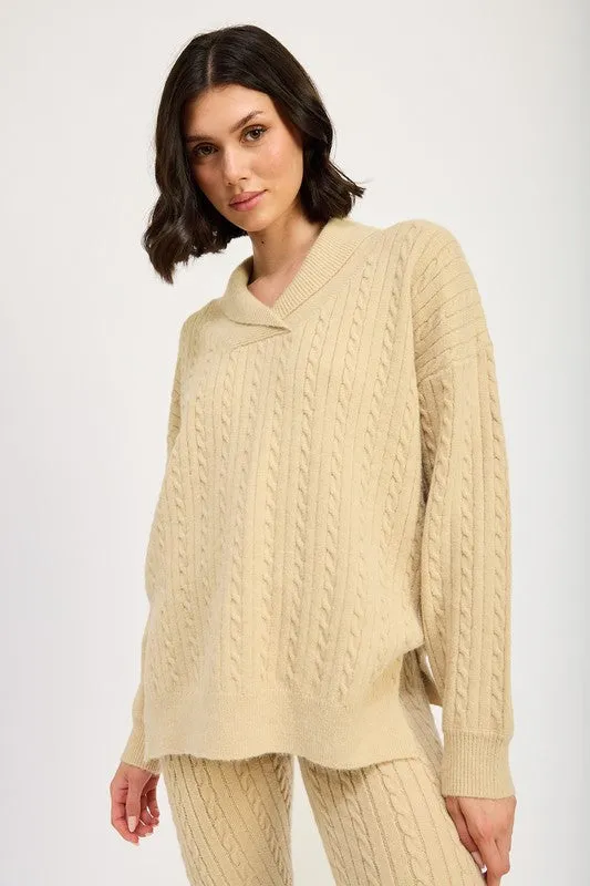 Cable Knit Tan Collered Sweater Top