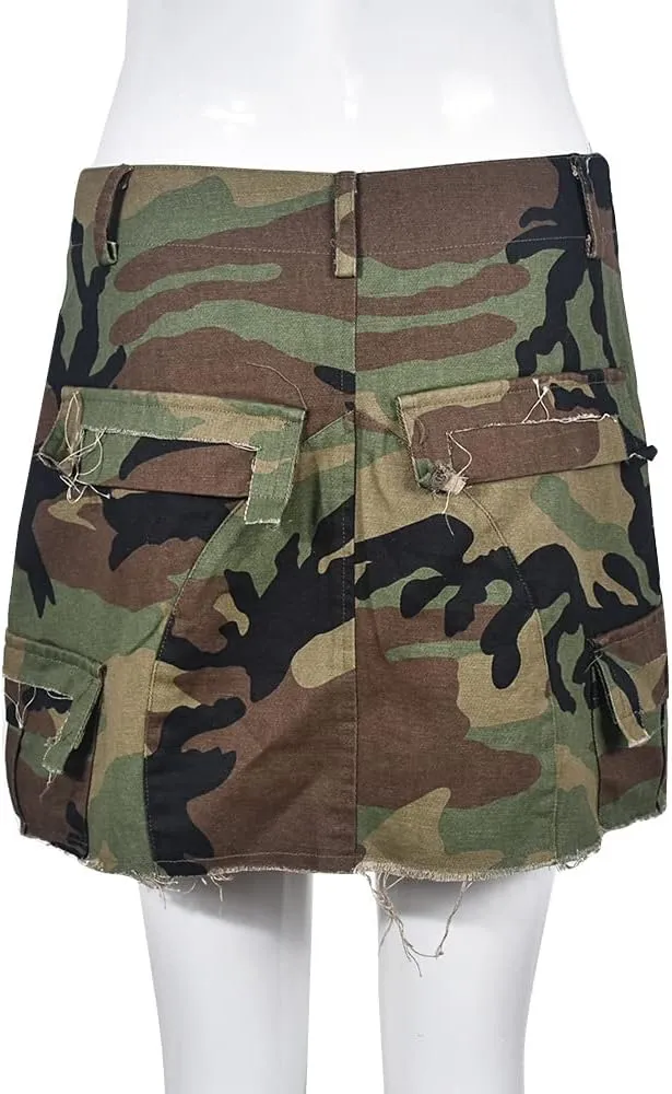 Camo Cargo Skirts for Women - High Waist Slit Bodycon Camouflage Denim Jean Skirt with Pocket Streetwear