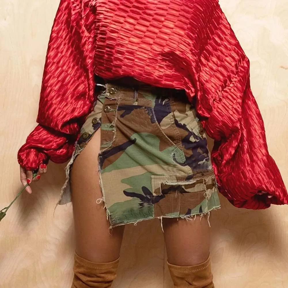 Camo Cargo Skirts for Women - High Waist Slit Bodycon Camouflage Denim Jean Skirt with Pocket Streetwear