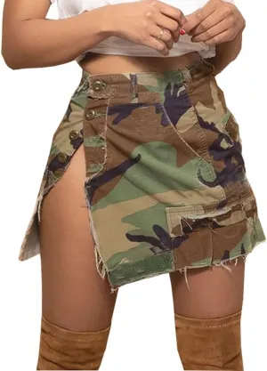 Camo Cargo Skirts for Women - High Waist Slit Bodycon Camouflage Denim Jean Skirt with Pocket Streetwear