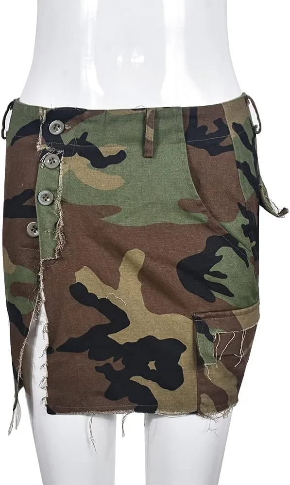 Camo Cargo Skirts for Women - High Waist Slit Bodycon Camouflage Denim Jean Skirt with Pocket Streetwear