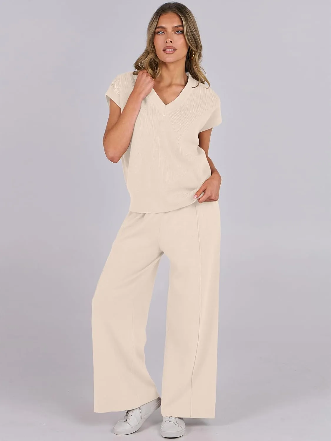 Caracilia Women's Summer 2 Piece Sweater Vest Sets Knit Top & Wide Leg Pants Lounge Matching Set 2025 Spring Airport Outfits